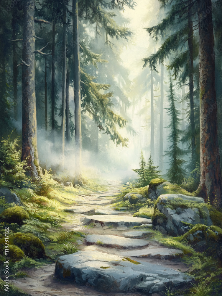 Fototapeta premium Enchanting foggy forest trail with towering pine trees and soft light
