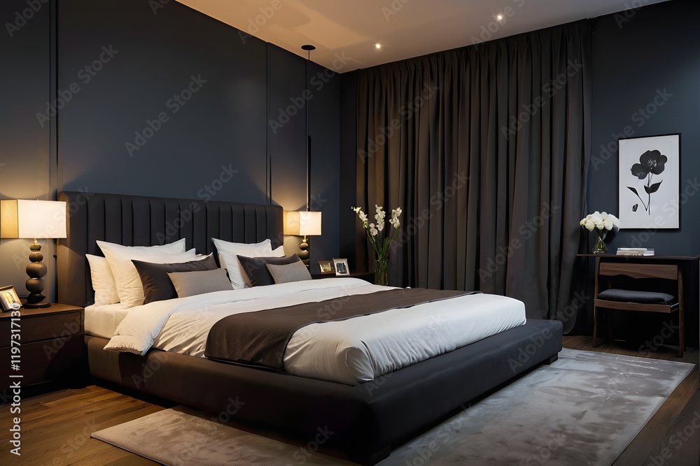 Stylish dark and cozy bedroom interior design, simple but luxury Stylish dark and cozy bedroom interior design, simple but luxury