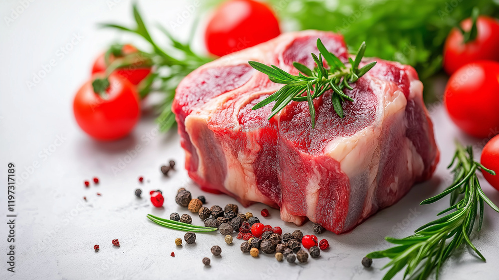 Fresh beef cut with herbs and spices, surrounded by cherry tomatoes and greenery, creating vibrant and appetizing food scene. Perfect for culinary inspiration Fresh beef cut with herbs and spices, surrounded by cherry tomatoes and greenery, creating vibrant and appetizing food scene. Perfect for culinary inspiration