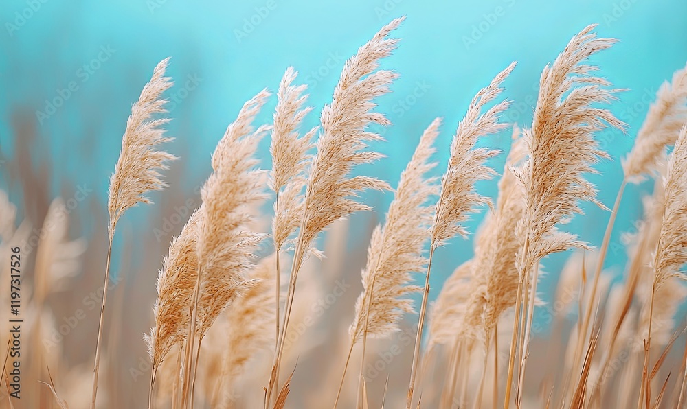 Obraz premium Golden reeds sway in gentle breeze against turquoise sky, ideal nature background