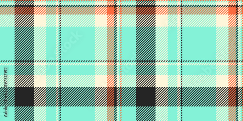 Vibrant teal, cream, and coral plaid pattern.  Perfect for textile designs, website backgrounds, or fashion projects. This seamless texture offers a fresh, modern take on classic plaid.