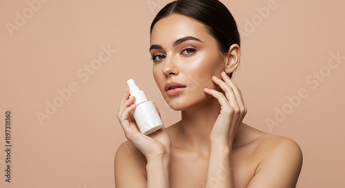 Beautiful Woman with Clear Skin Holding Facial Spray Bottle Skincare Routine Beauty Product