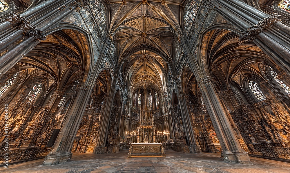 Fototapeta premium Gothic church interior with ornate altar, arches, columns, stained glass