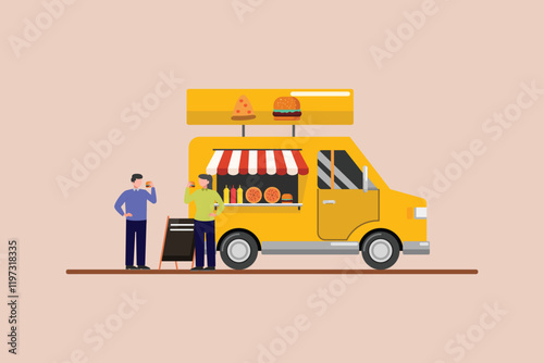 Food truck with street food concept. Colored flat vector illustration isolated.