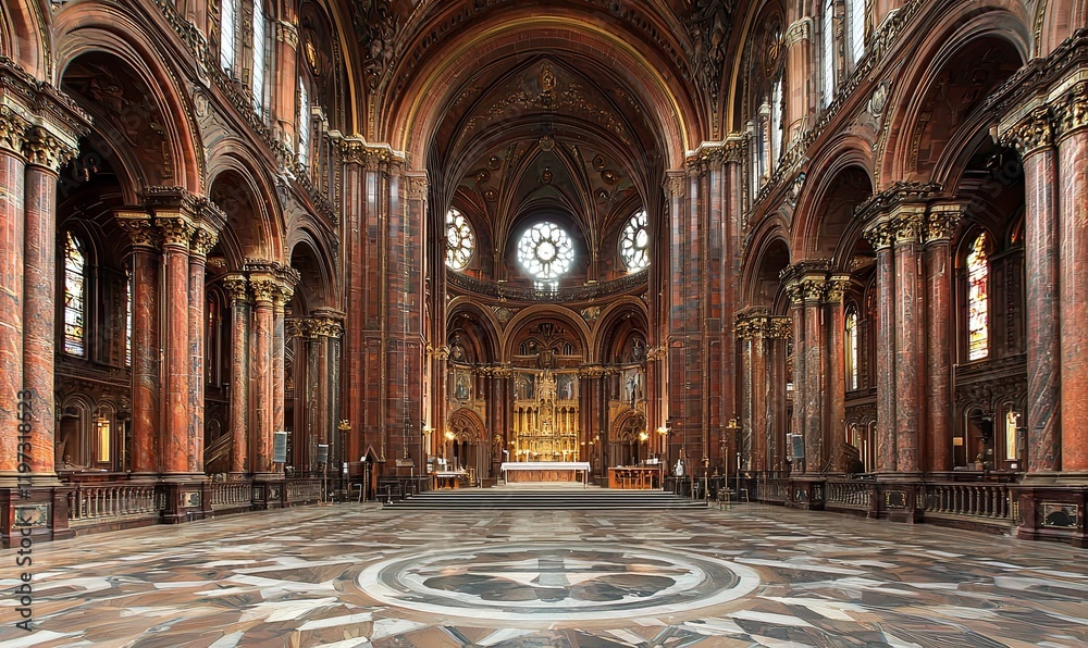Obraz premium Grand church interior, ornate columns, tiled floor, altar, stained glass window, architectural detail, ideal for historical or travel content
