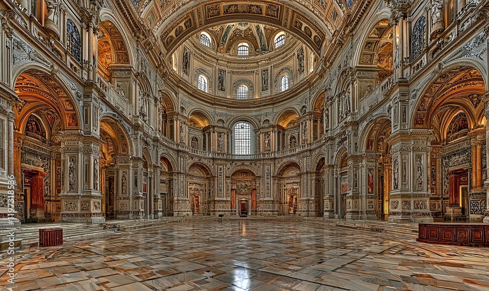 Obraz premium Grand domed church interior with marble floor, arches, and soft lighting