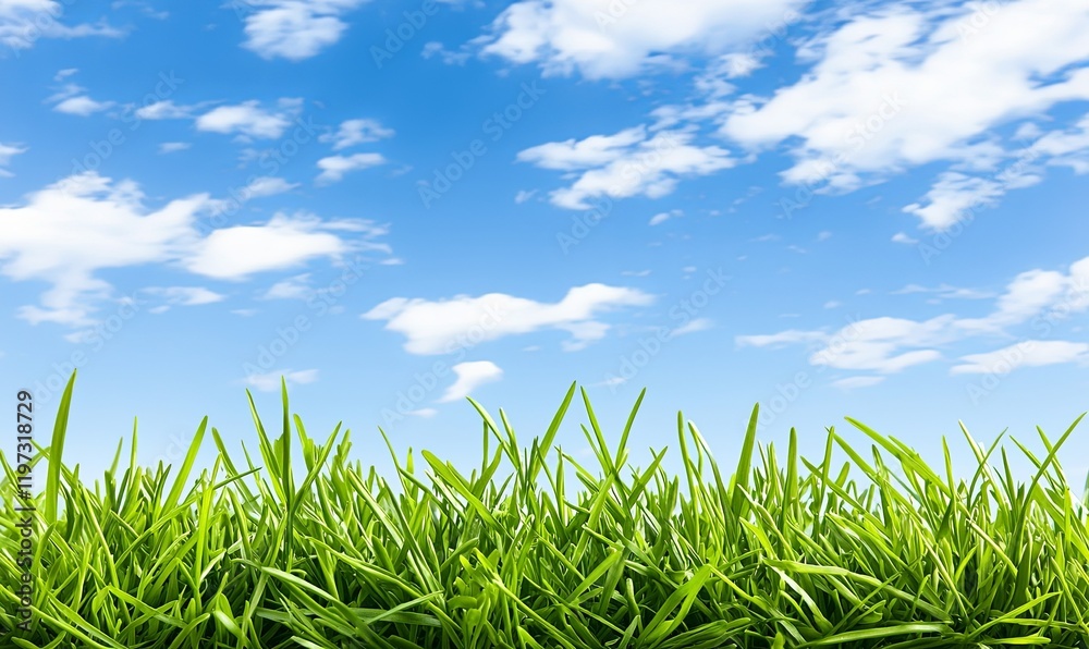 Green grass against blue sky with fluffy clouds Green grass against blue sky with fluffy clouds