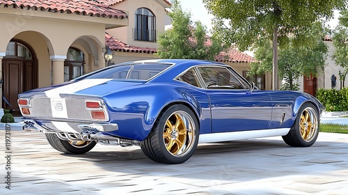 Classic Blue Muscle Car in Front of Luxury Home