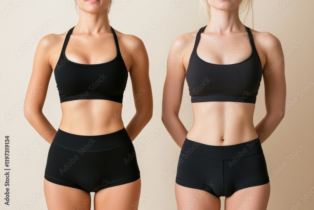 Fitness enthusiasts showcasing matching black workout outfits in a studio setting for a health-focused event in the afternoon Fitness enthusiasts showcasing matching black workout outfits in a studio setting for a health-focused event in the afternoon