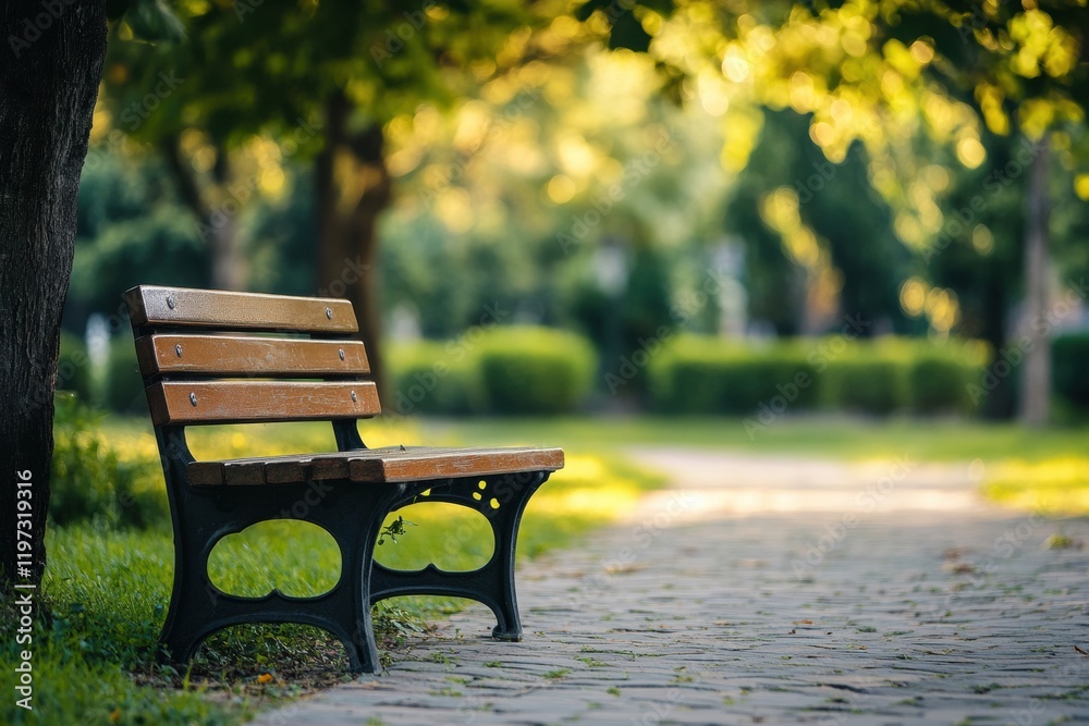 Serene park bench in tranquil outdoor space surrounded by lush greenery during bright sunny day. Generative AI Serene park bench in tranquil outdoor space surrounded by lush greenery during bright sunny day. Generative AI
