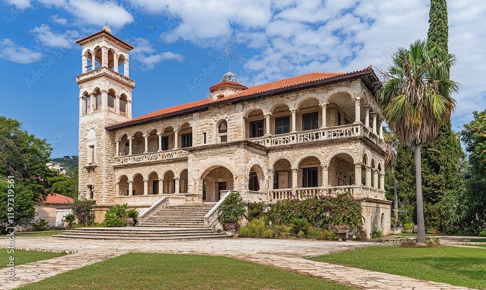 Historic mansion with arches, tower, and gardens under a blue sky Historic mansion with arches, tower, and gardens under a blue sky