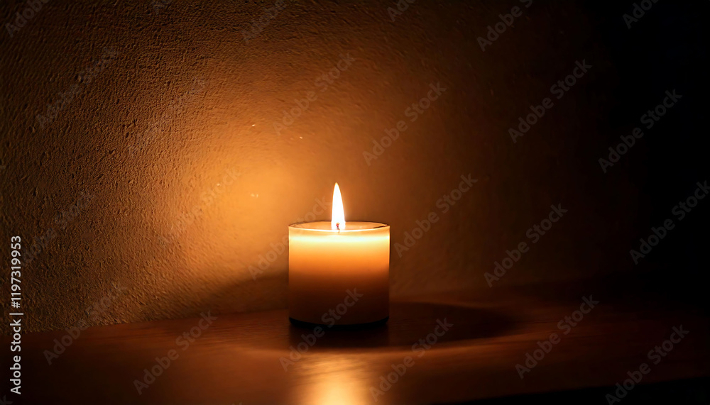 A single, softly lit candle glows warmly against a textured dark background. Its gentle light casts a warm reflection on a wooden surface, creating a serene and peaceful mood. A single, softly lit candle glows warmly against a textured dark background. Its gentle light casts a warm reflection on a wooden surface, creating a serene and peaceful mood.