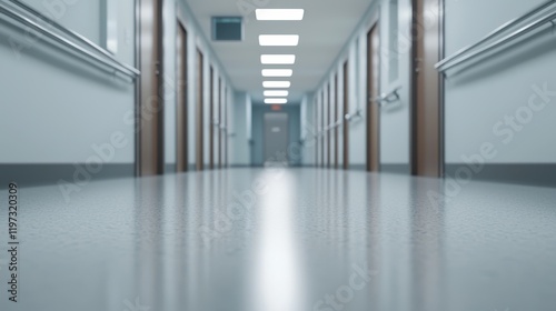 A clean, well-lit hospital hallway with doors on either side, showcasing a long, polished floor leading to a distant exit.