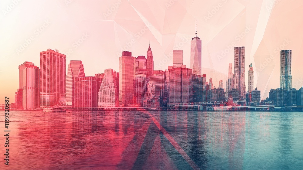 Fototapeta premium Creative New York city background with polygonal mesh. Communication and urban network concept. Double exposure.