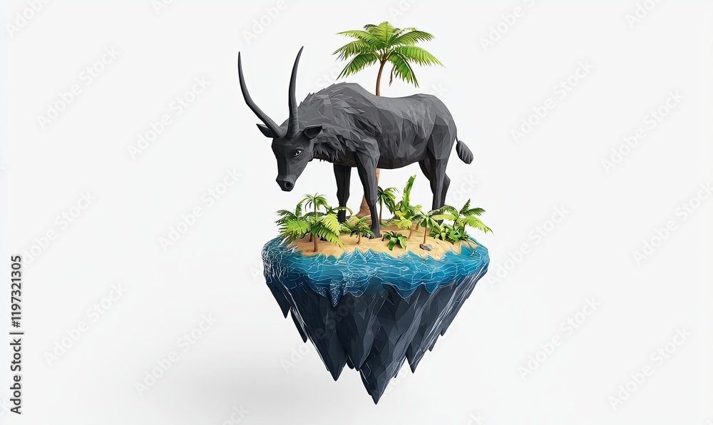 Obraz premium Low poly buffalo on a floating island with palm trees, isolated on white, perfect for environmental campaigns