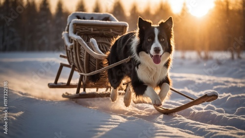 A dog pulls a sled through a snowy landscape at sunset, showcasing winter fun and adventure.