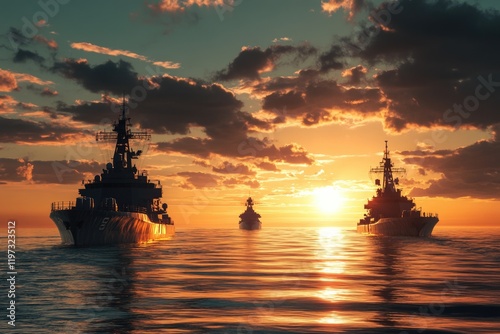 Sunset scene with multiple military naval ships at sea. photo