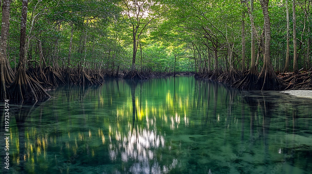 Serene Mangrove Forest Canal Reflecting Tranquil Waters Serene Mangrove Forest Canal Reflecting Tranquil Waters