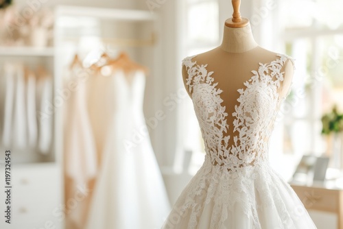 A wedding dress with intricate lace details, draped elegantly on a mannequin in a white bridal boutique