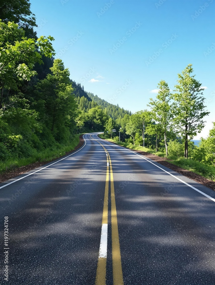 A stretch of asphalt road winding its way up a hillside, disappearing into the blue expanse of the sky, hillside, asphalt pavement, scenic drive A stretch of asphalt road winding its way up a hillside, disappearing into the blue expanse of the sky, hillside, asphalt pavement, scenic drive