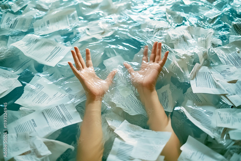 Conceptual image of hands reaching out from a pile of papers and documents, symbolizing workplace burnout and overwork. water surrounding the papers to emphasize the overwhelming feeling of stress