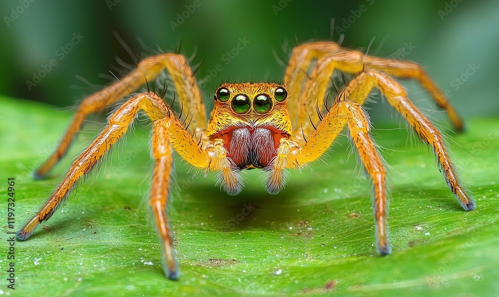 Orange jumping spider on green leaf, macro wildlife photography Orange jumping spider on green leaf, macro wildlife photography
