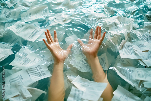 Obraz na płótnie Conceptual image of hands reaching out from a pile of papers and documents, symbolizing workplace burnout and overwork. water surrounding the papers to emphasize the overwhelming feeling of stress w salonie