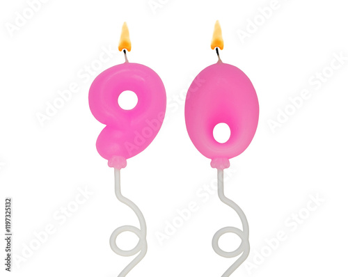 Burning pink air balloon shaped birthday candles isolated on white background. Number 90.