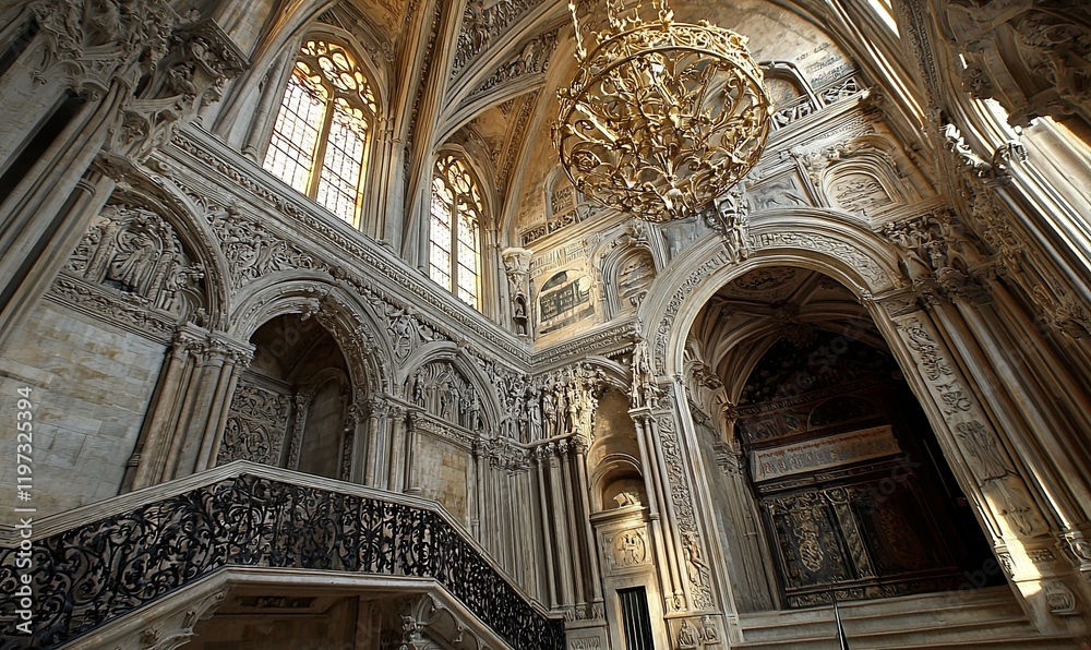 Fototapeta premium Ornate church interior, grand staircase, chandelier, sunlight through windows