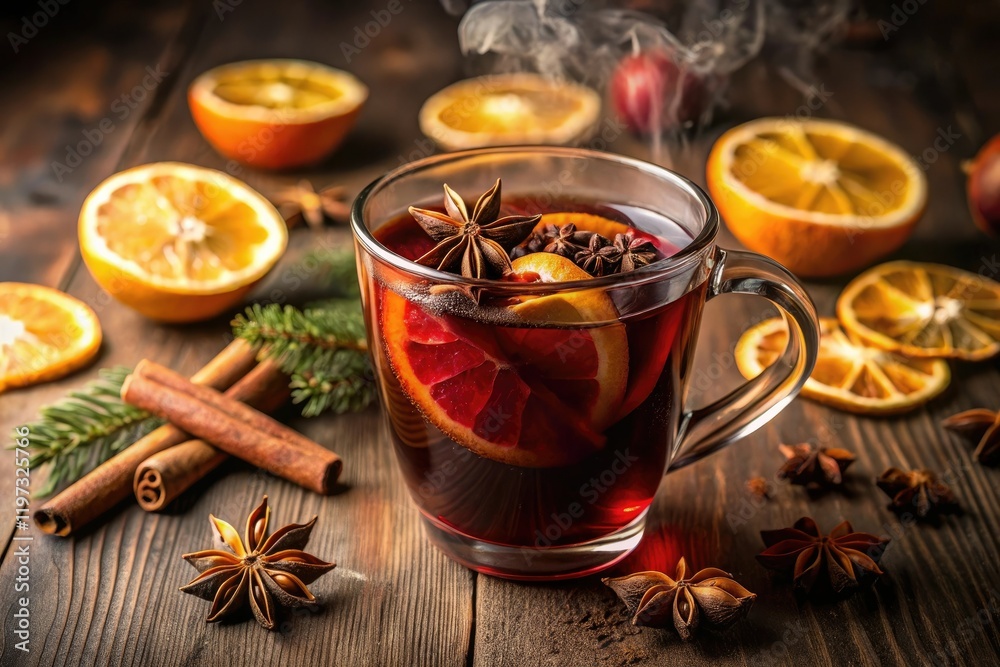 A steaming cup of mulled wine with spices and citrus slices floating in it, mulled wine, candles, aromas