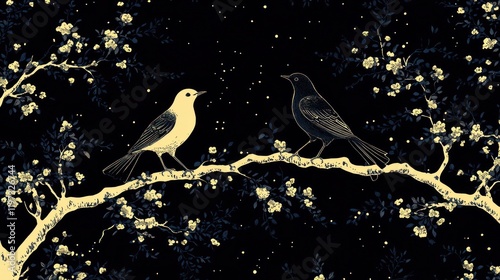 Night birds branch blossom art print