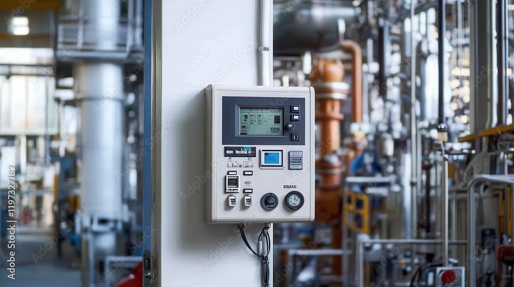 Fototapeta premium Close-up of a fire alarm panel mounted on a wall, surrounded by industrial machinery and safety equipment in a petrochemical plant.