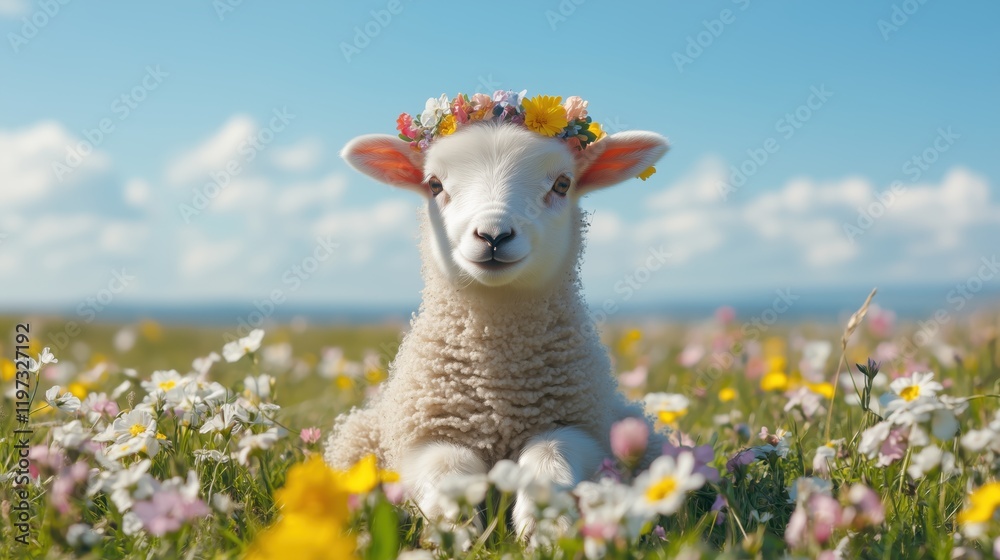 Fototapeta premium Cute lamb wearing floral crown resting in a colorful meadow under a clear blue sky