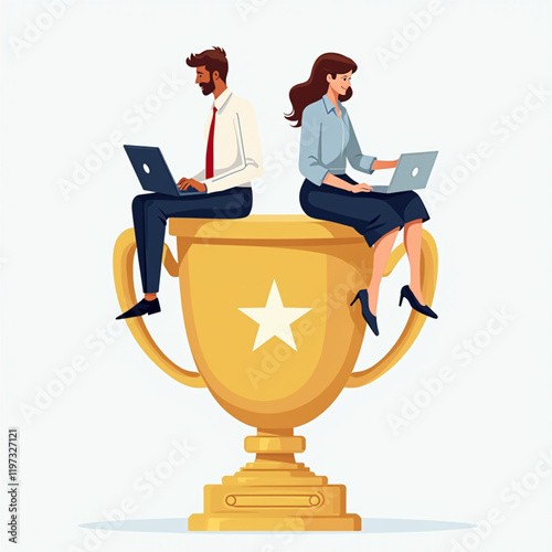 A businessman and a businesswoman sitting on trophies, each holding a laptop, showing analysis and evaluation of business performance to become the best in their respective fields. Vector illustration
