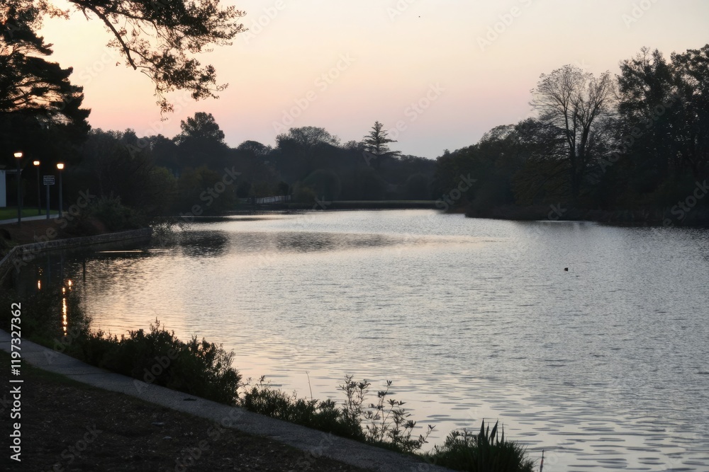 Obraz premium A subtle shimmer on a still pond at dusk, shimmer, calm surface, water