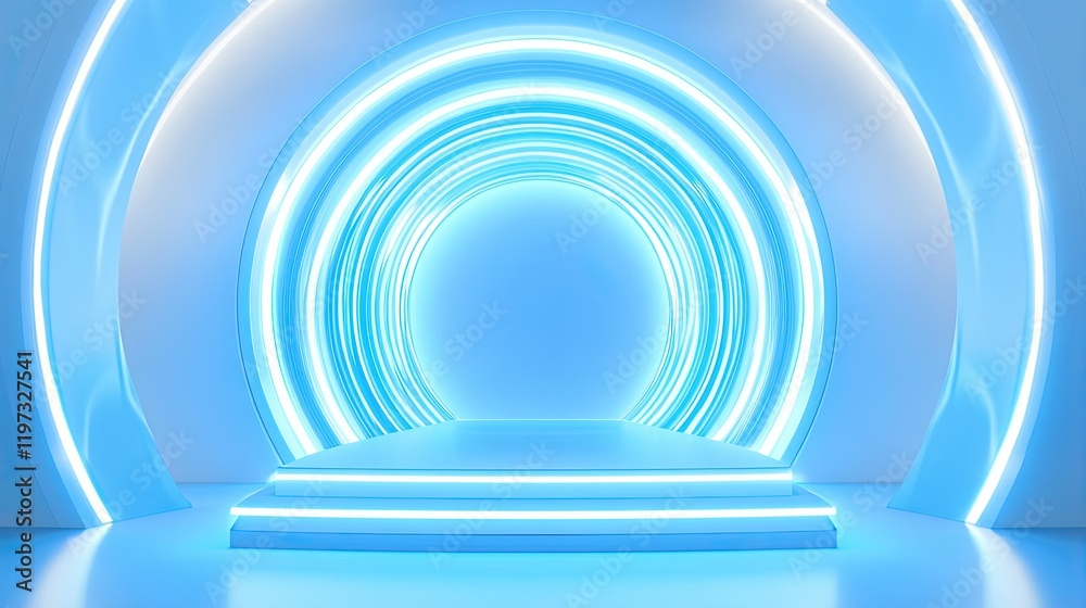 Obraz premium 3D render of a futuristic blue circular podium in the center of the background