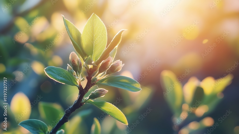 Obraz premium Fresh leaves and buds in sunlight create a serene atmosphere of spring awakening