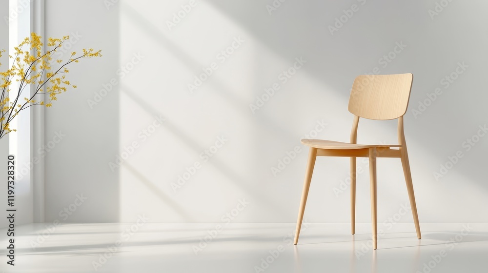 Fototapeta premium Single wooden chair on an empty white background, clean minimalist furniture concept