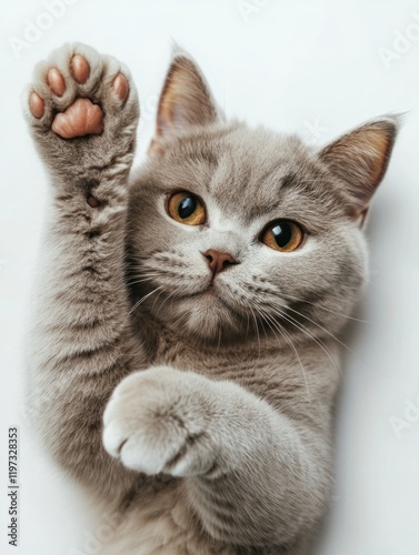 A gray kitten with a pink nose waving its paw.