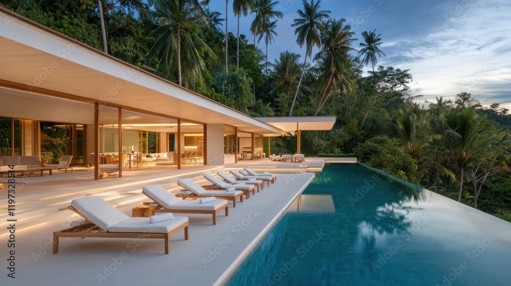 Fototapeta premium A modern villa with an infinity pool, surrounded by lush greenery and palm trees, offering a serene and luxurious atmosphere.