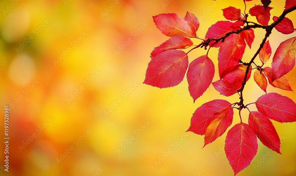 Red autumn leaves on branch with blurred yellow background, ideal for seasonal themes Red autumn leaves on branch with blurred yellow background, ideal for seasonal themes