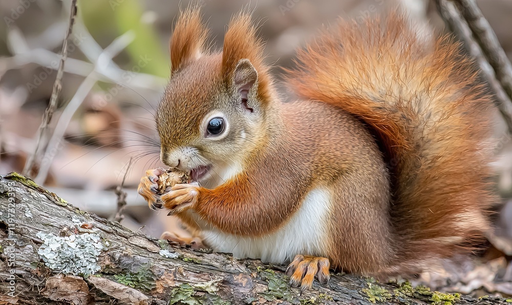 Fototapeta premium Red squirrel eating nut on forest floor