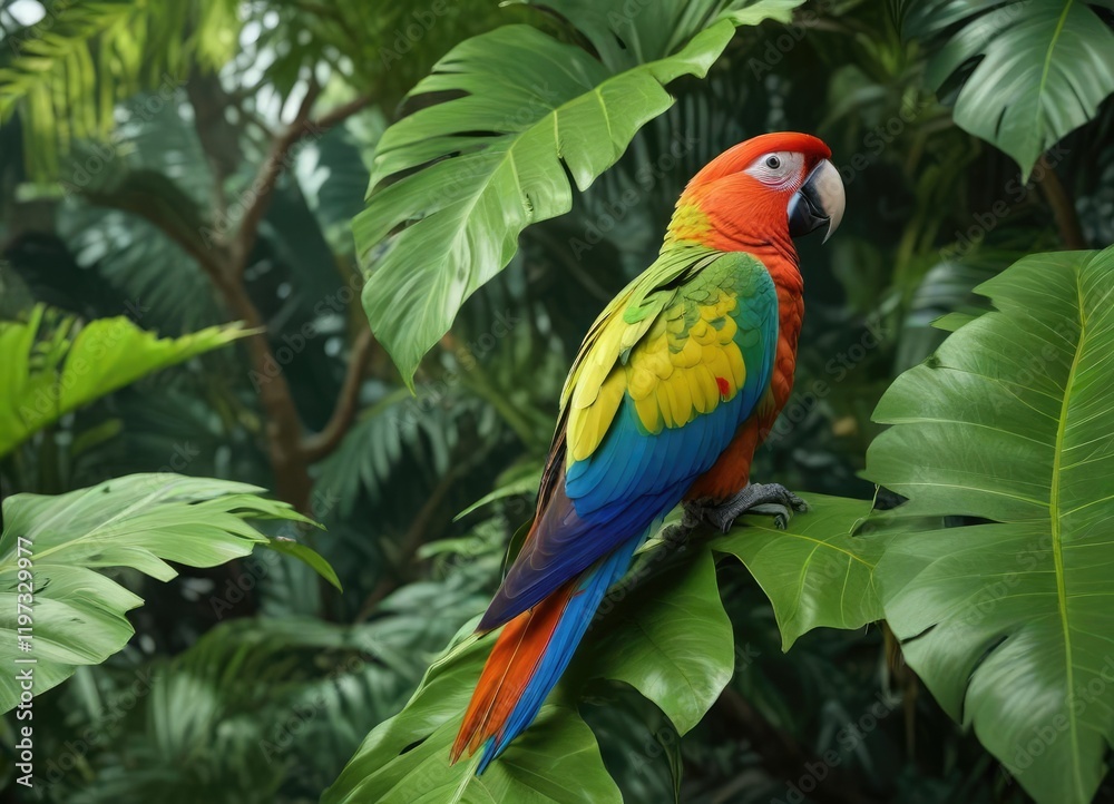 A vibrant parrot perched on a large green leaf in the tropical environment, tree branch, vegetation A vibrant parrot perched on a large green leaf in the tropical environment, tree branch, vegetation