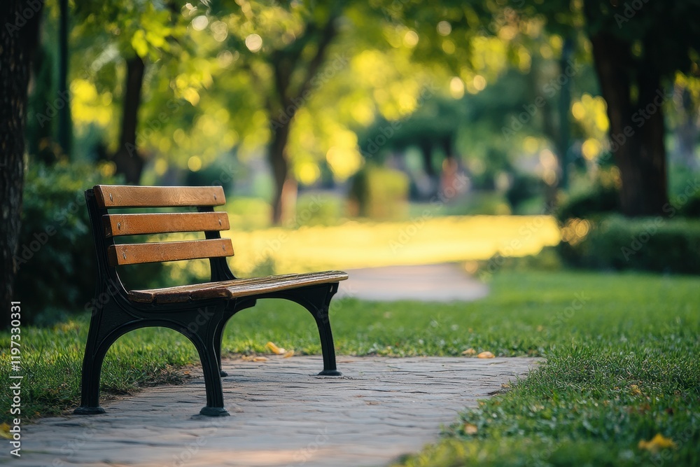 Empty park bench in serene green space inviting relaxation and reflection during a sunny afternoon. Generative AI Empty park bench in serene green space inviting relaxation and reflection during a sunny afternoon. Generative AI