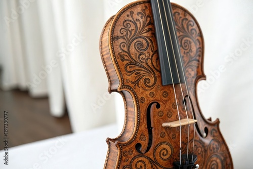 A beautiful violin with intricate, swirling patterns on its body, stringed instrument, musical instrument, ornate violin, chromatic notes, viola de gamba photo