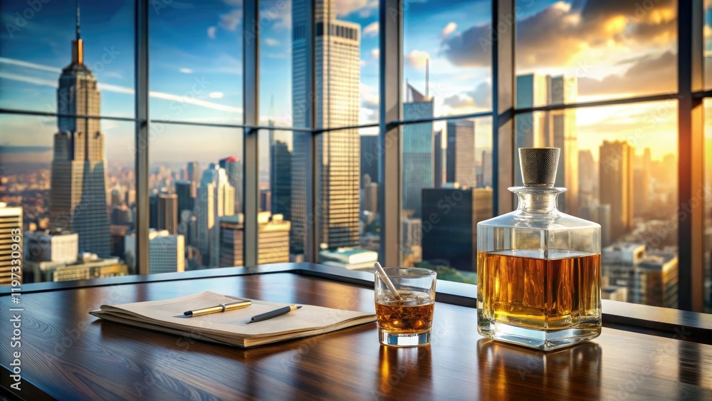 A whiskey bottle placed in the center of a luxurious desk, surrounded by expensive-looking papers and office supplies, with a cityscape visible through the window behind, papers, luxury A whiskey bottle placed in the center of a luxurious desk, surrounded by expensive-looking papers and office supplies, with a cityscape visible through the window behind, papers, luxury