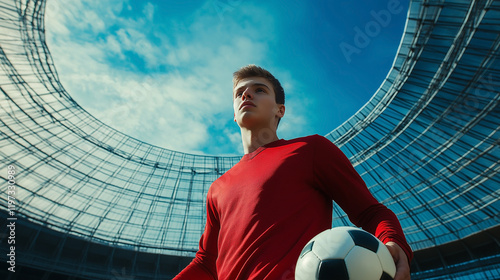 The red soccer player kicked the ball back on the field in the stadium, energizing their team. soccer, player, red, ball, stadium, team, back, field, cup, coach, game, club, match, training