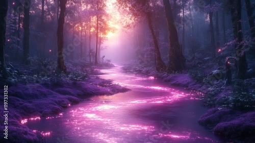 Magical purple forest stream at sunset.