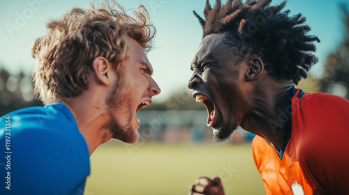 The soccer player engaged in a heated argument with the goalkeeper about the length of the football pitch, their silhouettes against the stadium lights painting a dramatic scene. soccer, player, sport