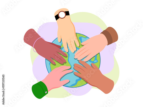 hand diverse people globe team multicultural person cooperating together vector illustration teamwork support partnership trust concept banner website design landing page